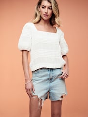 White Short Sleeve Smock Tie Back Top - Image 1 of 6