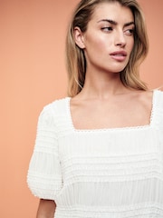 White Short Sleeve Smock Tie Back Top - Image 3 of 6