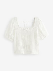 White Short Sleeve Smock Tie Back Top - Image 5 of 6