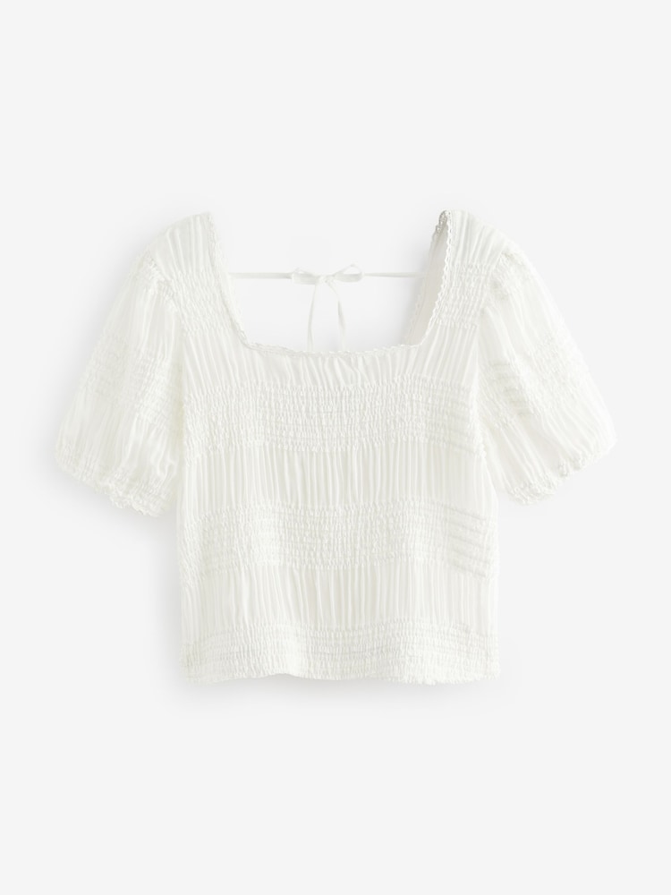 White Short Sleeve Smock Tie Back Top - Image 5 of 6