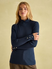 Joules Amy Navy Blue Ribbed Long Sleeve High Neck Jersey Top - Image 1 of 6