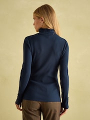 Joules Amy Navy Blue Ribbed Long Sleeve High Neck Jersey Top - Image 2 of 6