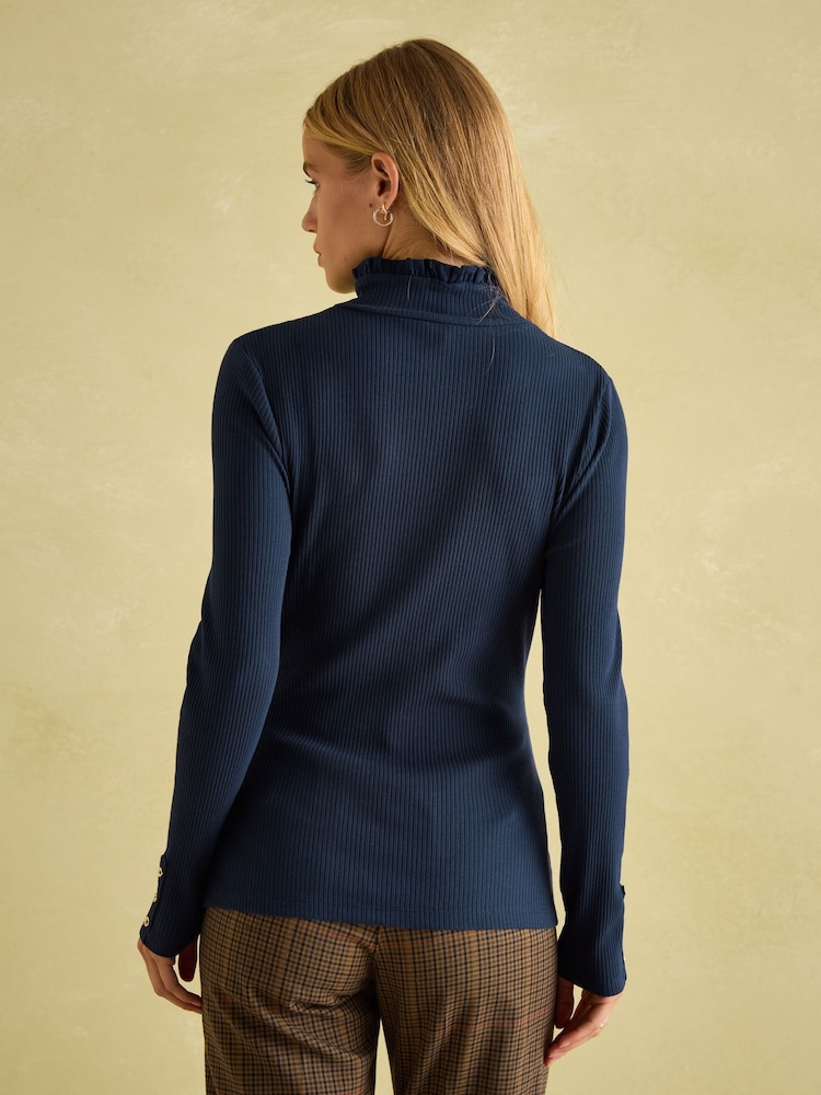 Joules Amy Navy Blue Ribbed Long Sleeve High Neck Jersey Top - Image 2 of 6