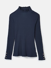 Joules Amy Navy Blue Ribbed Long Sleeve High Neck Jersey Top - Image 6 of 6