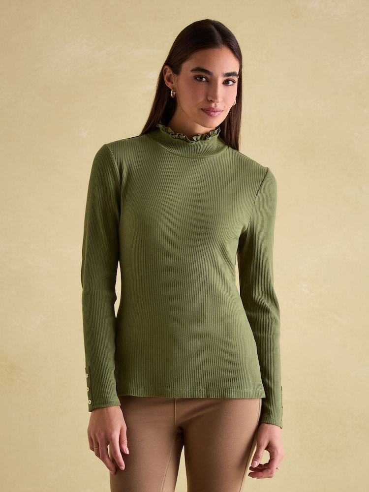 Joules Amy Green Ribbed Long Sleeve High Neck Jersey Top - Image 1 of 7