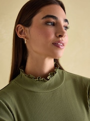 Joules Amy Green Ribbed Long Sleeve High Neck Jersey Top - Image 6 of 7