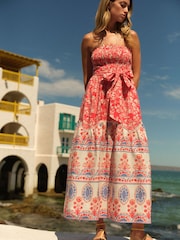 Red Floral Print Shirred Bandeau Midi Summer Dress - Image 1 of 6