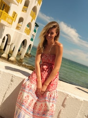 Red Floral Print Shirred Bandeau Midi Summer Dress - Image 2 of 6