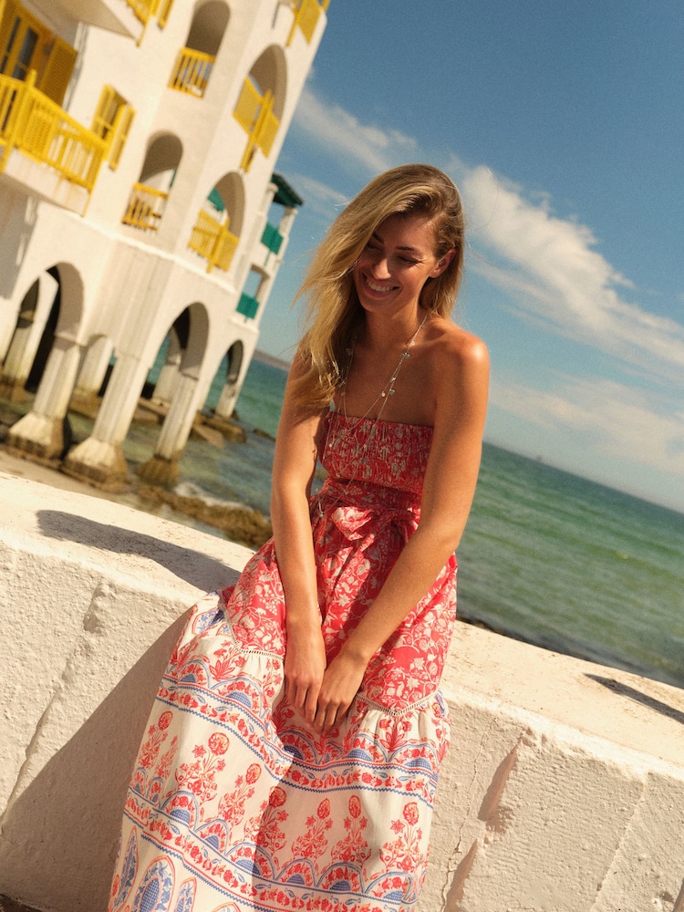 Red Floral Print Shirred Bandeau Midi Summer Dress - Image 2 of 6