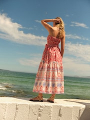 Red Floral Print Shirred Bandeau Midi Summer Dress - Image 3 of 6