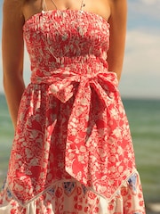 Red Floral Print Shirred Bandeau Midi Summer Dress - Image 4 of 6