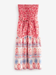 Red Floral Print Shirred Bandeau Midi Summer Dress - Image 5 of 6