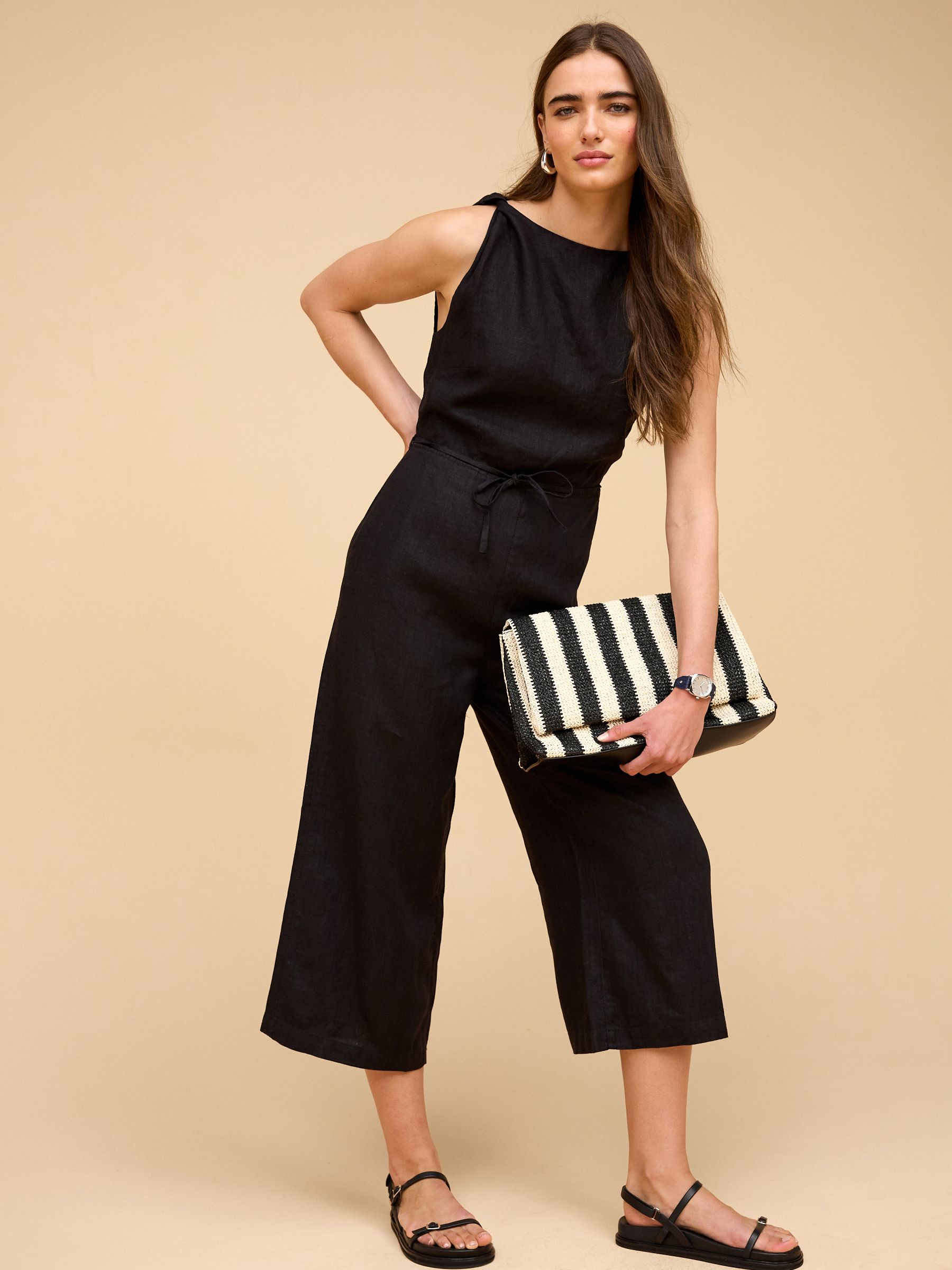 Buy Black 100 Linen Tie Waist Open Back Jumpsuit from Next Luxembourg