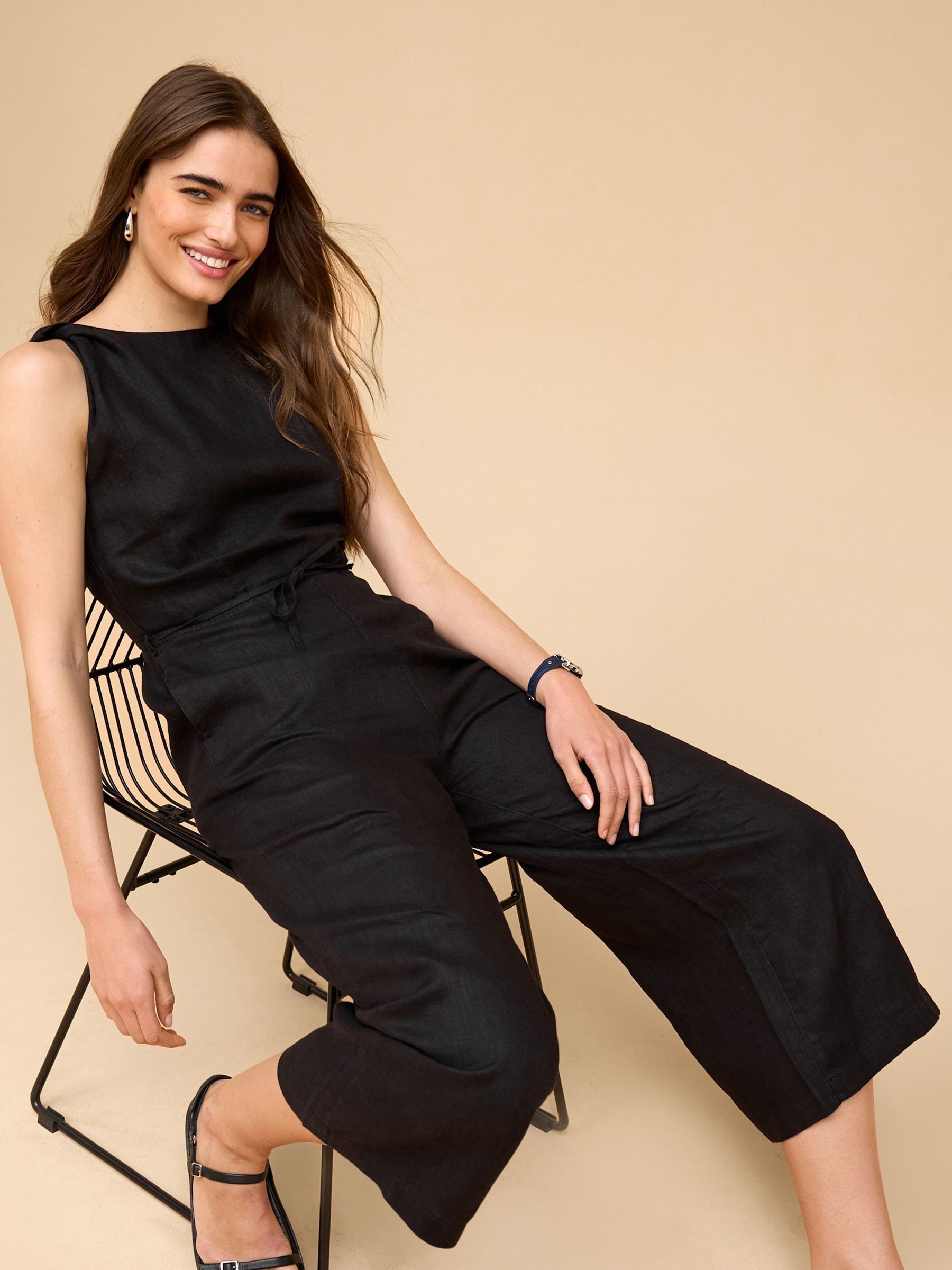 Buy Black 100 Linen Tie Waist Open Back Jumpsuit from Next Luxembourg