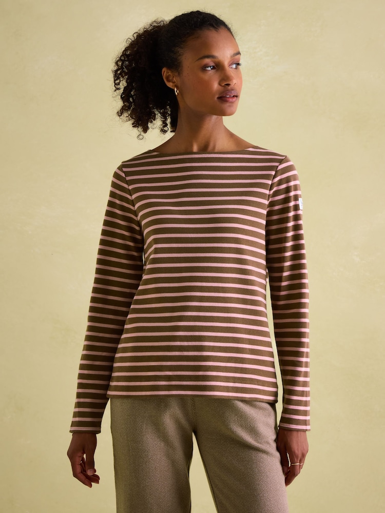 Joules New Harbour Chocolate Brown pink Boat Neck Breton Top - Image 1 of 8