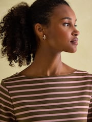 Joules New Harbour Chocolate Brown pink Boat Neck Breton Top - Image 3 of 8