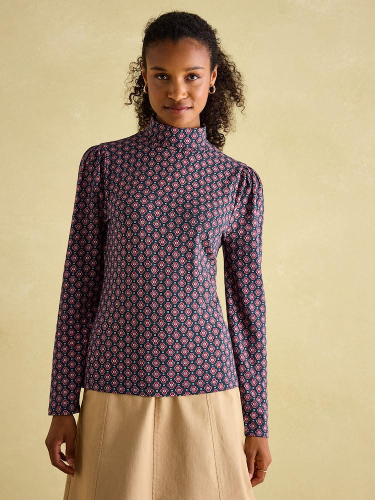 Joules Elizabeth Blue Floral High Neck Jersey Top - Image 1 of 5