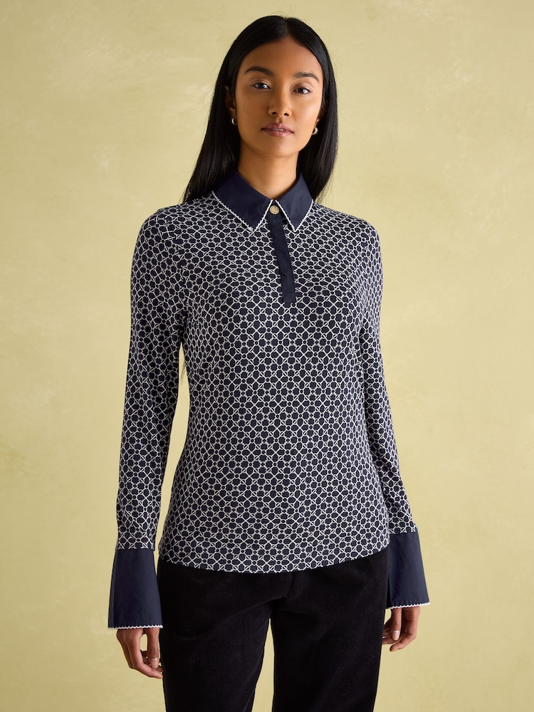 Joules Cordelia Navy geo Long Sleeve Top - Image 2 of 10
