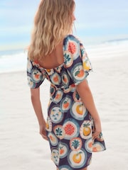 Navy Plate Print Flutter Sleeve Summer Mini Dress - Image 2 of 3