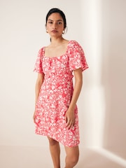 Red/White Ditsy Floral Print Flutter Sleeve Summer Mini Dress - Image 1 of 6