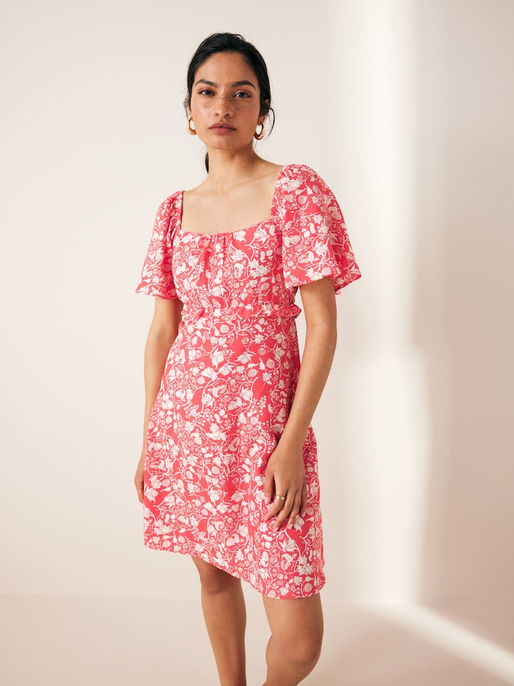 Red/White Ditsy Floral Print Flutter Sleeve Summer Mini Dress - Image 1 of 6