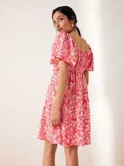 Red/White Ditsy Floral Print Flutter Sleeve Summer Mini Dress - Image 2 of 6