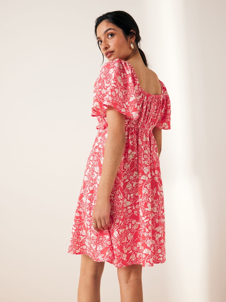 Red/White Ditsy Floral Print Flutter Sleeve Summer Mini Dress - Image 2 of 6