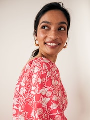 Red/White Ditsy Floral Print Flutter Sleeve Summer Mini Dress - Image 4 of 6