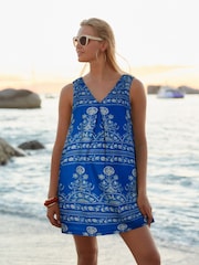 Blue and White Print Linen Blend V-Neck Summer Mini Dress - Image 1 of 5