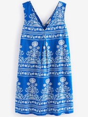 Blue and White Print Linen Blend V-Neck Summer Mini Dress - Image 4 of 5