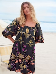 Black Floral Print Linen Blend Puff Sleeve Mini Dress - Image 1 of 8