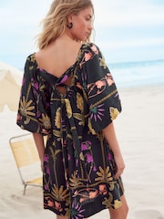 Black Floral Print Linen Blend Puff Sleeve Mini Dress - Image 3 of 8