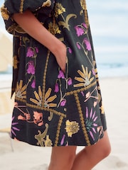 Black Floral Print Linen Blend Puff Sleeve Mini Dress - Image 4 of 8
