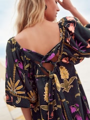 Black Floral Print Linen Blend Puff Sleeve Mini Dress - Image 5 of 8