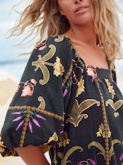 Black Floral Print Linen Blend Puff Sleeve Mini Dress - Image 6 of 8