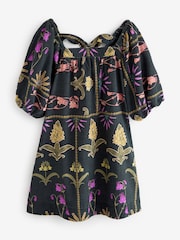 Black Floral Print Linen Blend Puff Sleeve Mini Dress - Image 7 of 8