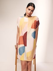 Abstract Print Gathered Short Sleeve Textured Boxy Mini Dress - Image 1 of 7
