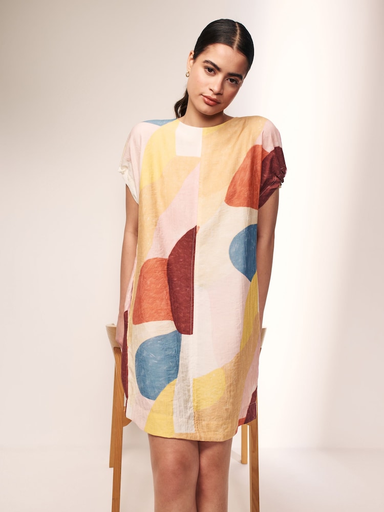 Abstract Print Gathered Short Sleeve Textured Boxy Mini Dress - Image 1 of 7