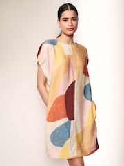 Abstract Print Gathered Short Sleeve Textured Boxy Mini Dress - Image 2 of 7