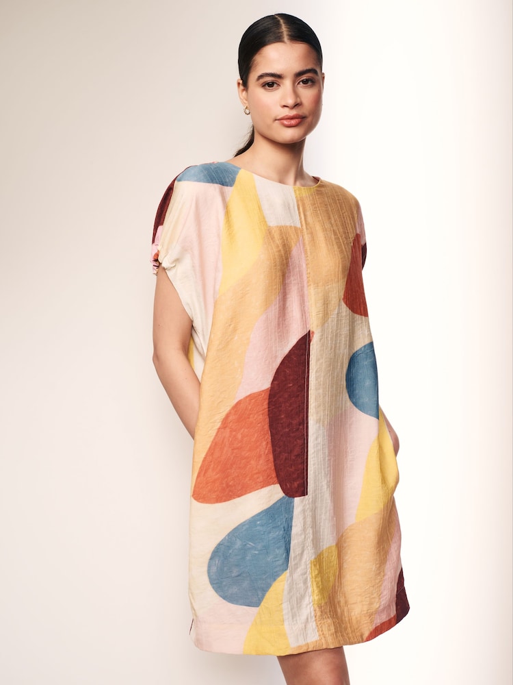 Abstract Print Gathered Short Sleeve Textured Boxy Mini Dress - Image 2 of 7