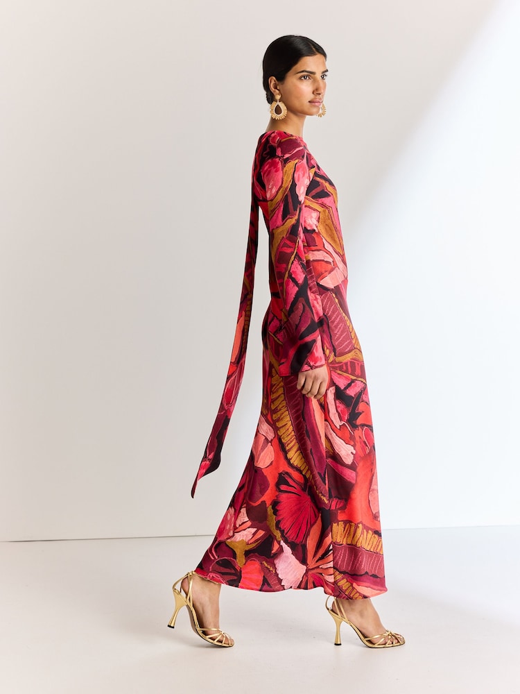 Red/Pink Abstract Floral Long Sleeve Scarf Maxi Dress - Image 1 of 7
