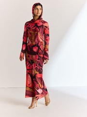 Red/Pink Abstract Floral Long Sleeve Scarf Maxi Dress - Image 2 of 7