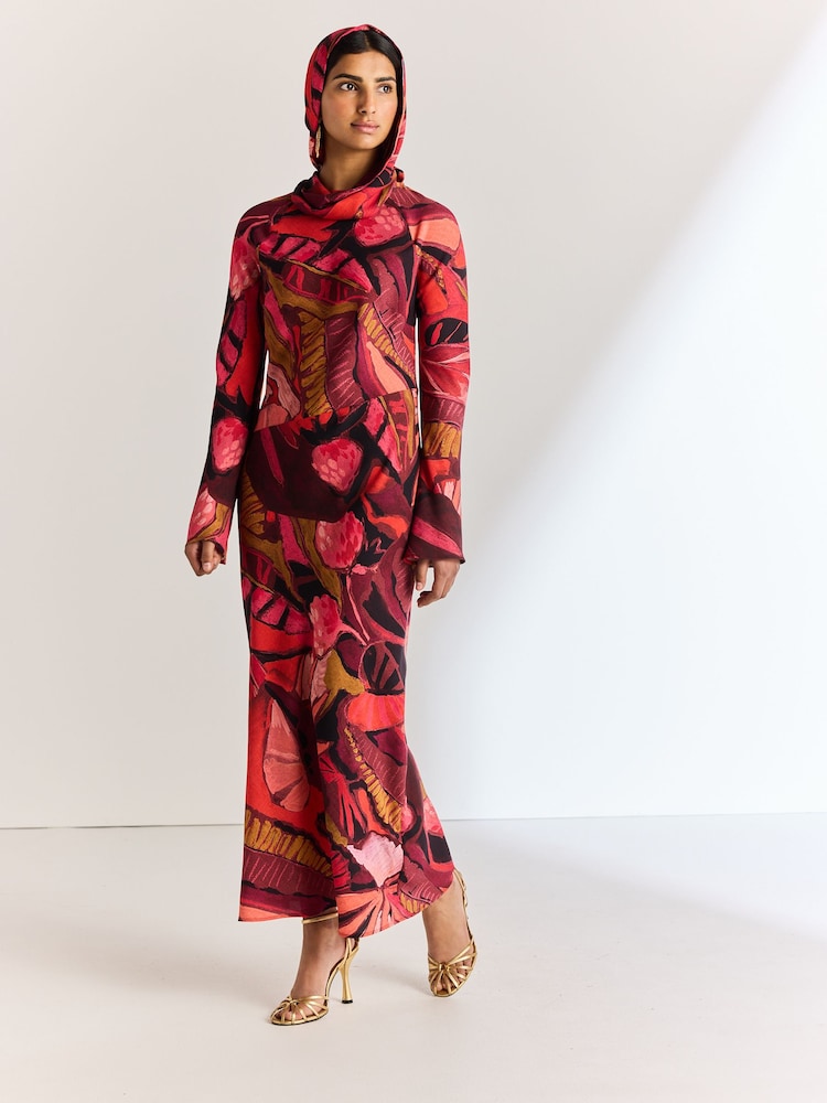 Red/Pink Abstract Floral Long Sleeve Scarf Maxi Dress - Image 2 of 7