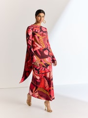 Red/Pink Abstract Floral Long Sleeve Scarf Maxi Dress - Image 3 of 7