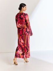 Red/Pink Abstract Floral Long Sleeve Scarf Maxi Dress - Image 4 of 7
