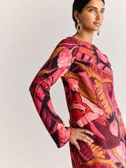 Red/Pink Abstract Floral Long Sleeve Scarf Maxi Dress - Image 5 of 7
