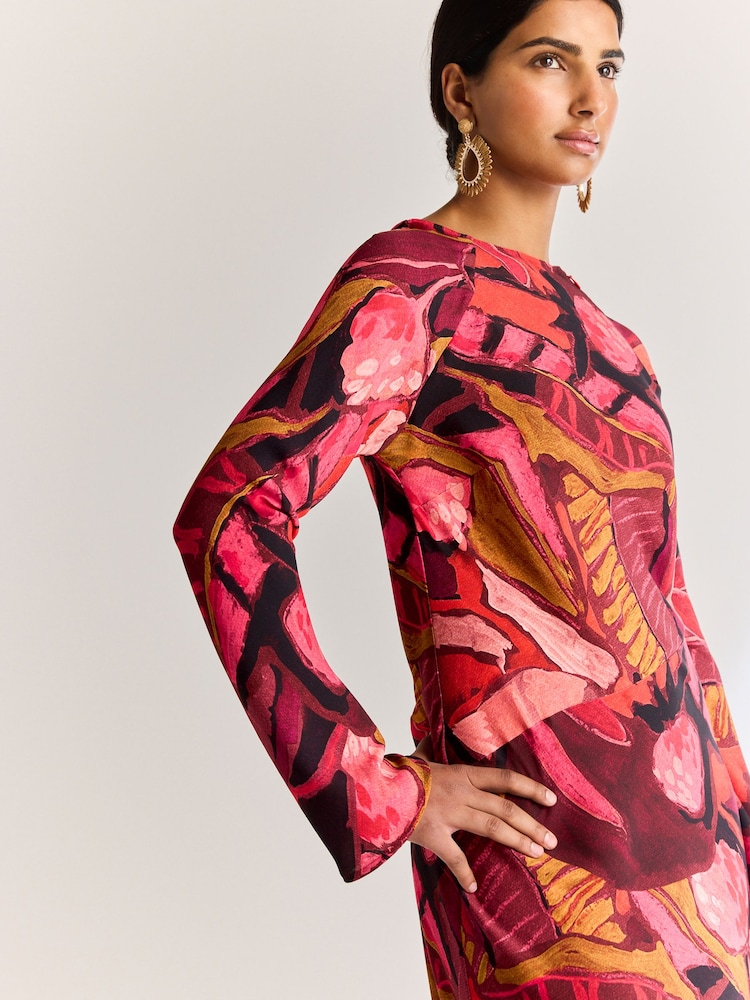 Red/Pink Abstract Floral Long Sleeve Scarf Maxi Dress - Image 5 of 7