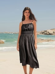 Black 100% Cotton Strappy Midi Dress - Image 1 of 6