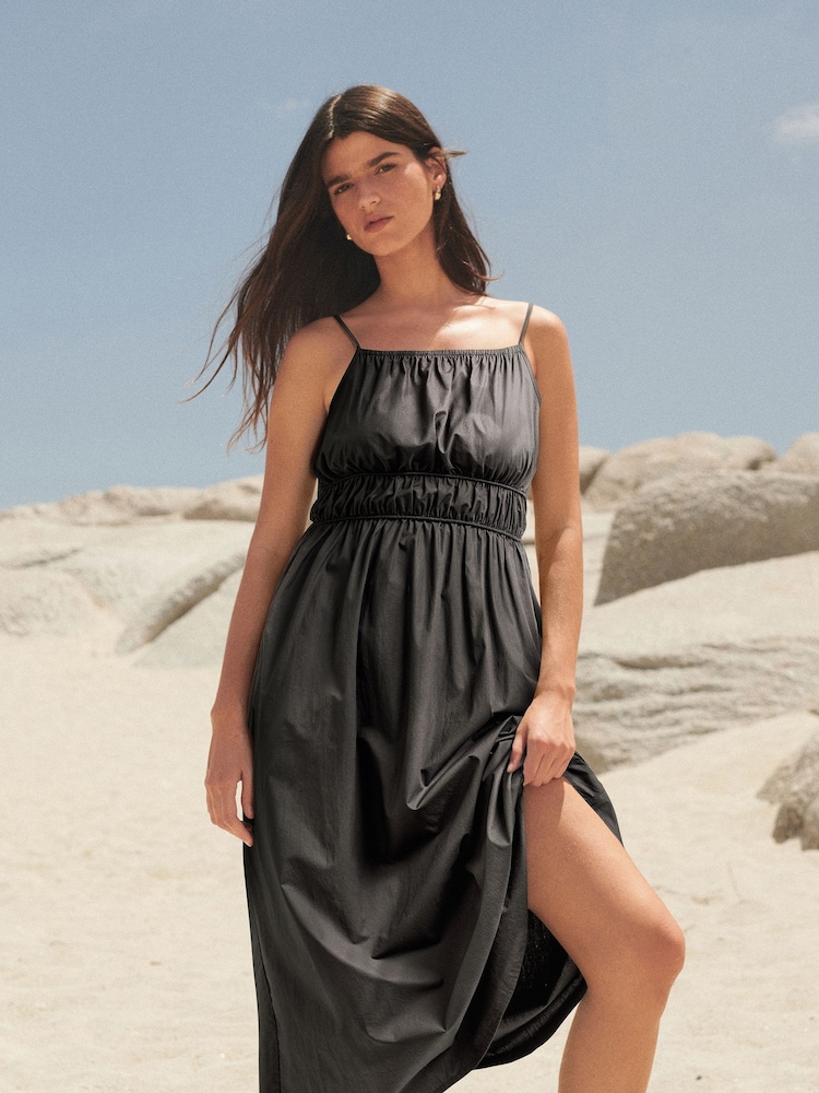 Black 100% Cotton Strappy Midi Dress - Image 2 of 6