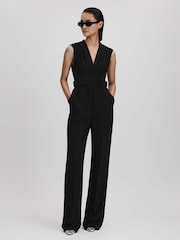 Reiss Black Riyo Fitted Belt Strap Jumpsuit - Image 1 of 6